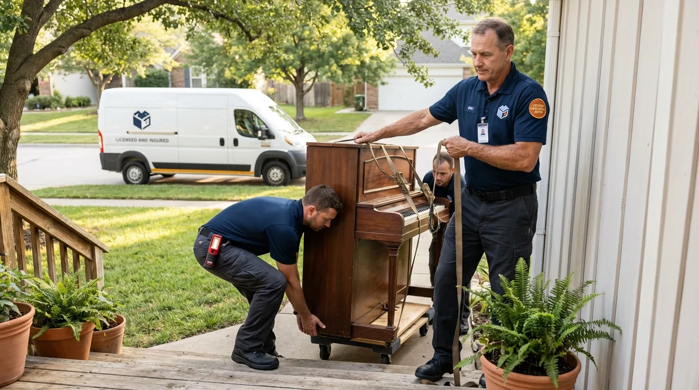Licensed piano movers securing grand piano in Middletown, MD